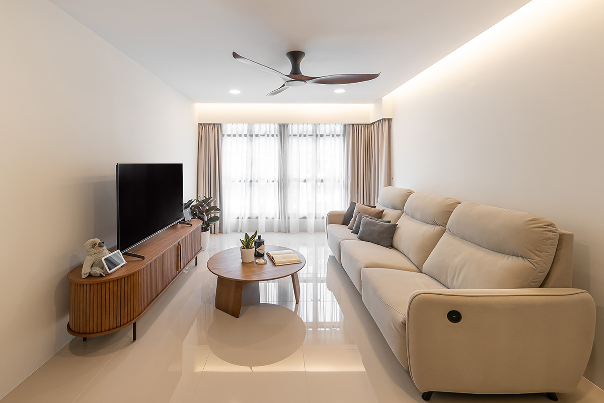 squarerooms noble interior design 4 room bto hdb flat alkaff courtview modern contemporary style makeover renovation living area room white cream strip lights