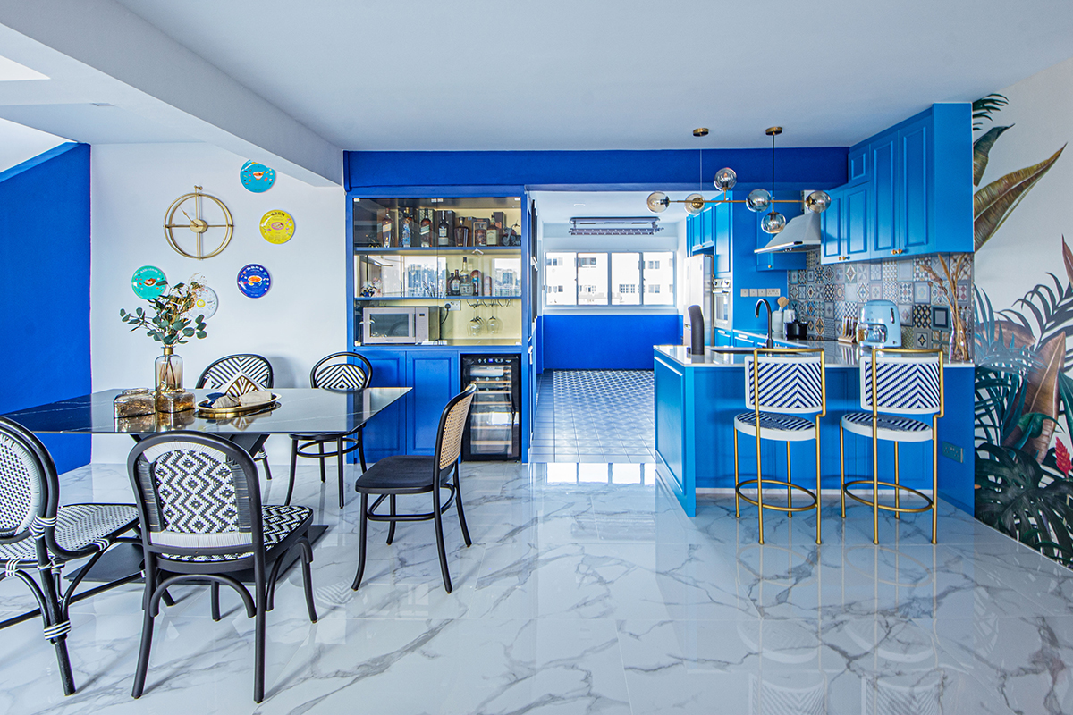 squarerooms distinctidentity home renovation hdb flat maisonette contemporary eclectic look blue kitchen bright wallpaper tropical style