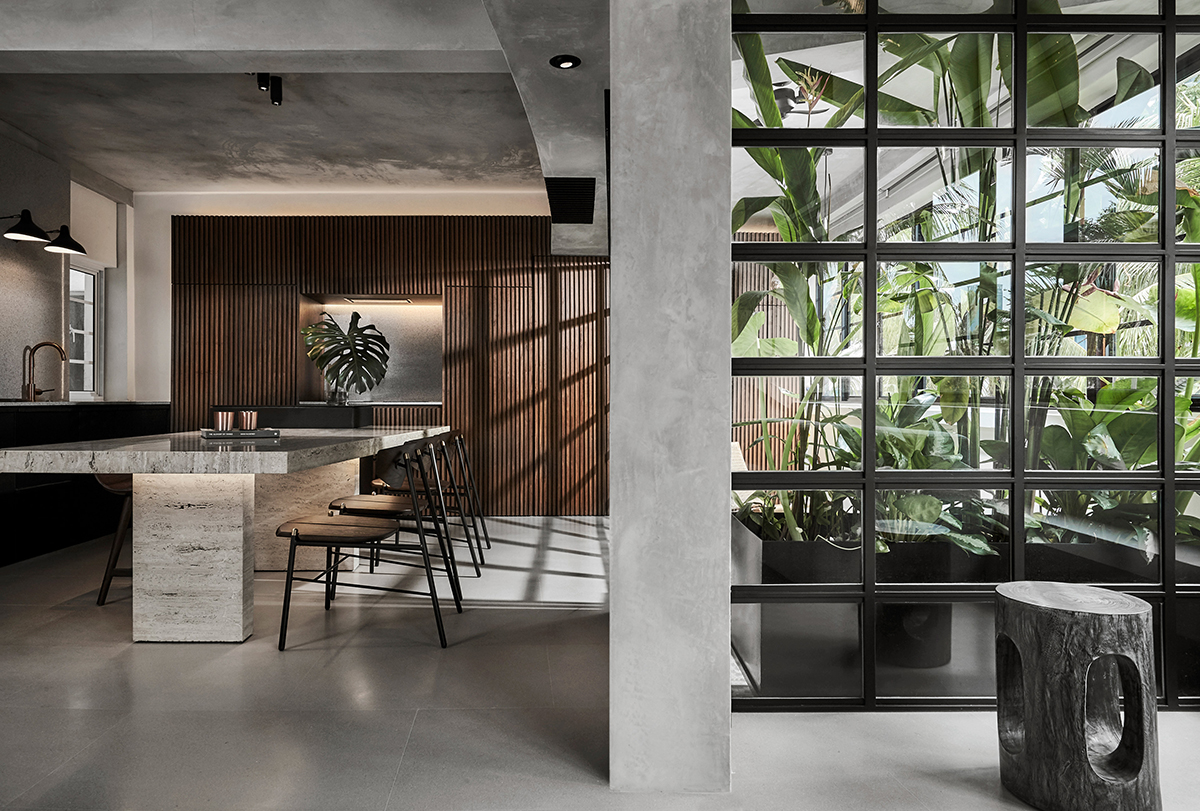 squarerooms upstrs home renovation apartment in tiong bahru urban jungle plant filled flat singapore modern luxury house grey wood stone natural materials oasis kitchen dining island table leaves outside large full height windows