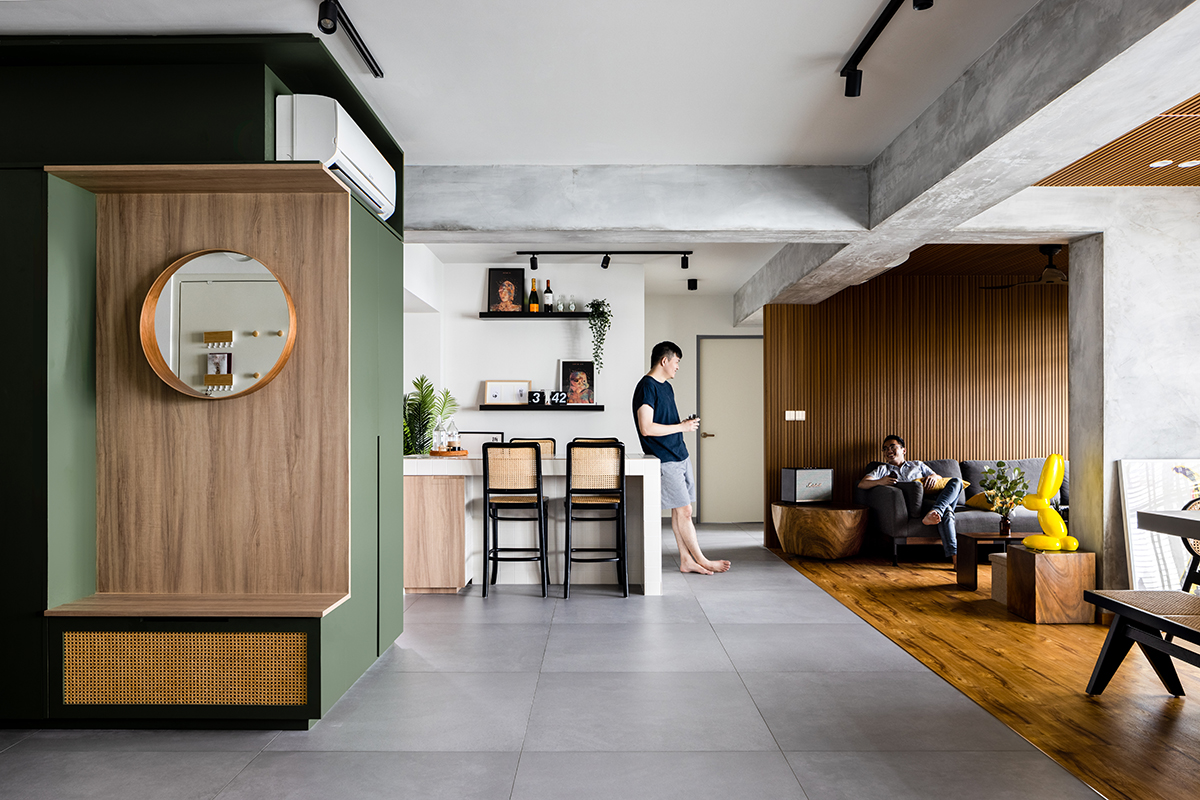 squarerooms salt studio home renovation 5 room hdb flat interior design makeover contemporary style look green wood kitchen white island rattan chairs stools open space concept