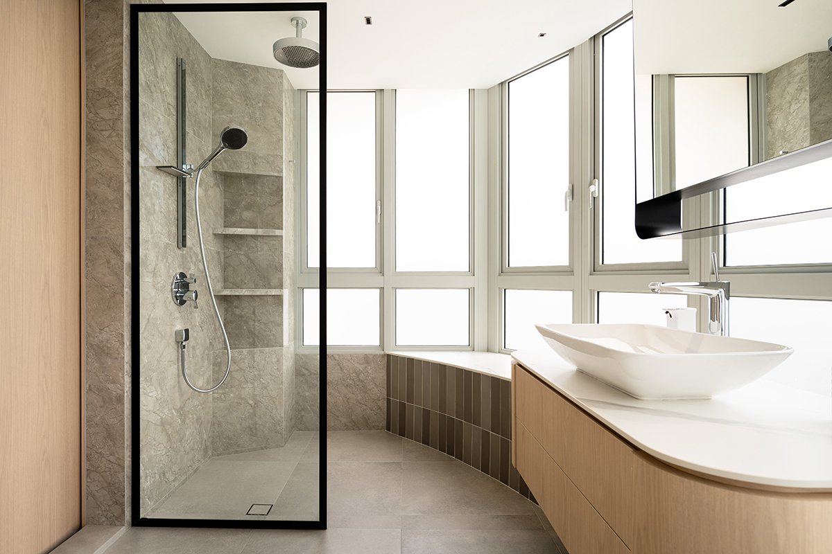 squarerooms kdot interior design home condominium renovation makeover style look minimalist wood aesthetic bathroom natural stone tiles shower
