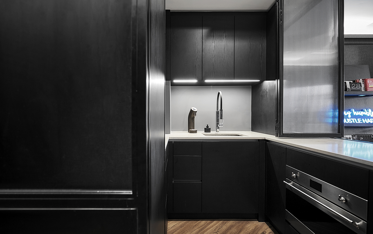 squarerooms happe design atelier home condo renovation condominium black modern minimalist contemporary design flat apartment makeover kitchen cabinets white countertops kitchen faucet open space window folding frosted glass