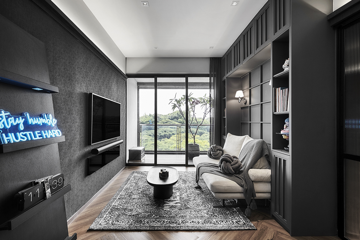 squarerooms happe design atelier home condo renovation condominium black modern minimalist contemporary design flat apartment makeover living room wood floors grey sofa tv feature wall rug window