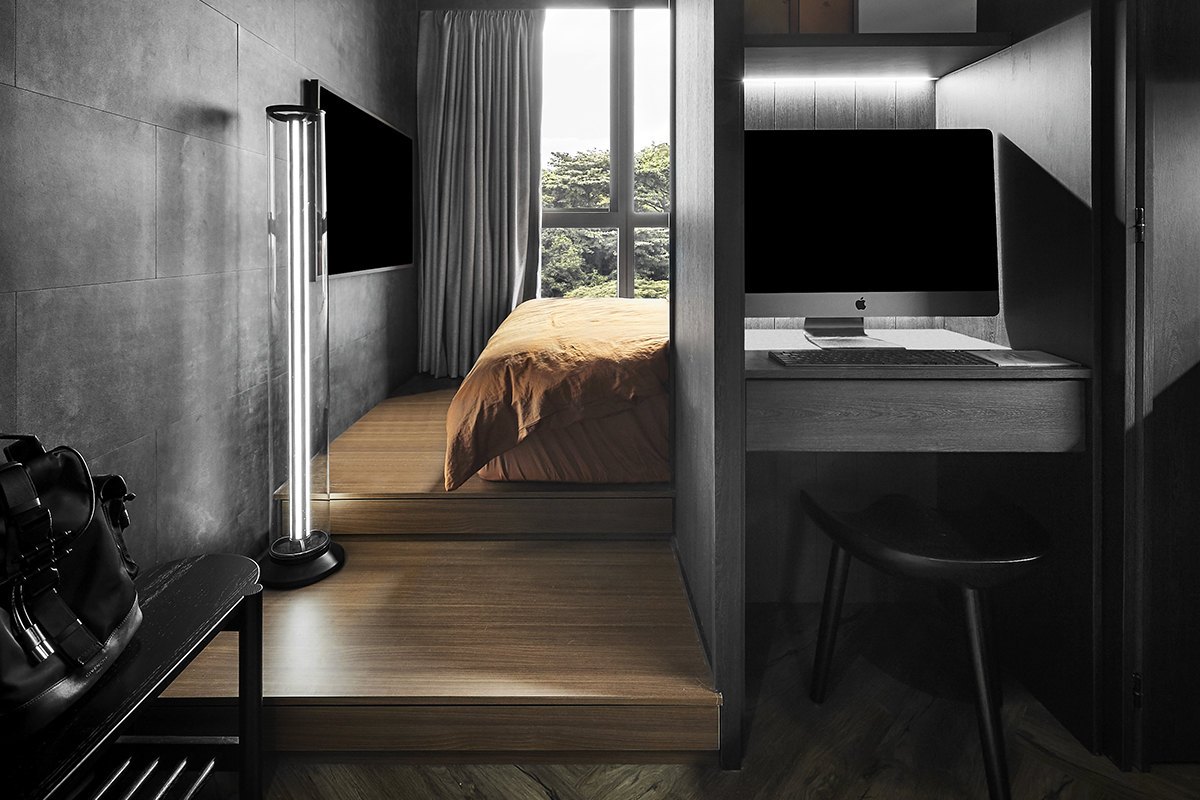 squarerooms happe design atelier home condo renovation condominium black modern minimalist contemporary design flat apartment makeover bedroom wood floors orange bedding sheets office study desk