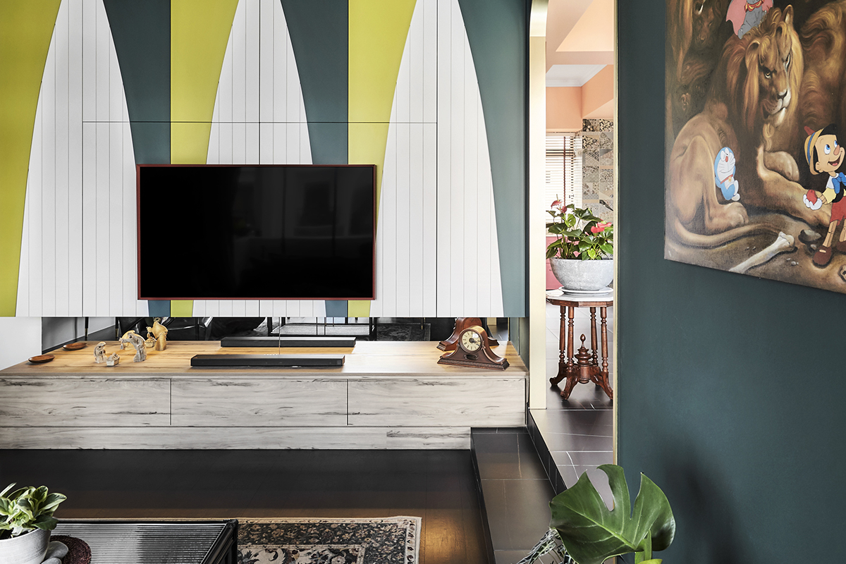 squarerooms linear space concepts eclectic colourful home interior design singapore east coast walk up apartment style maximalist bold vintage look living room area tv feature wall blue and yellow colours pattern