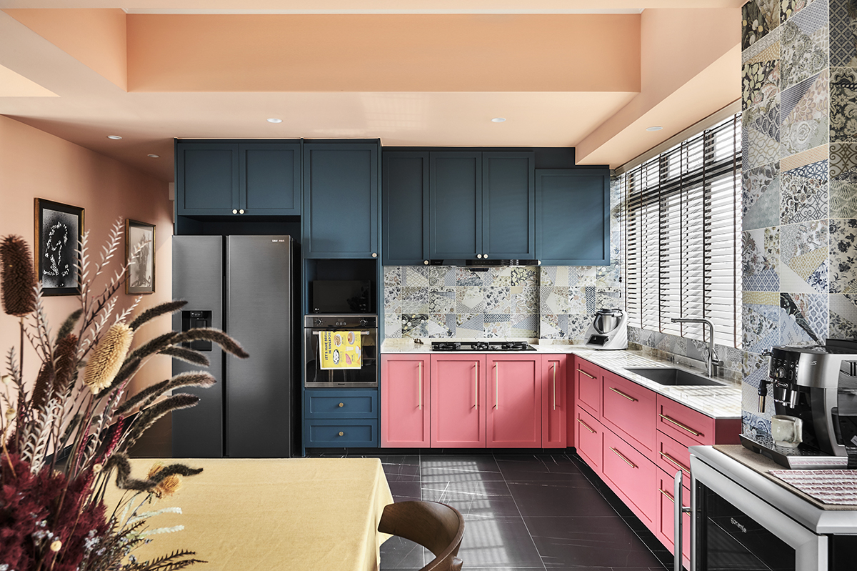 squarerooms linear space concepts eclectic colourful home interior design singapore east coast walk up apartment style maximalist bold vintage look kitchen orange pink blue cabinets open concept