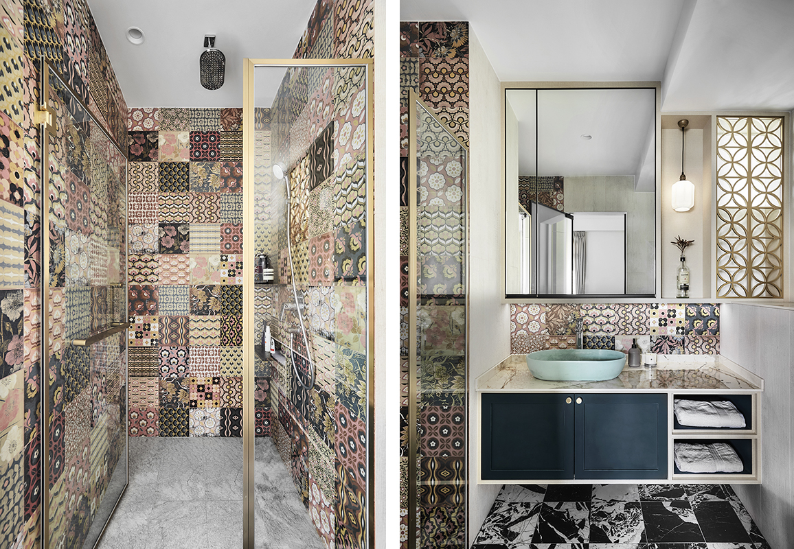 squarerooms linear space concepts eclectic colourful home interior design singapore east coast walk up apartment style maximalist bold vintage look bathroom patterned tiles shower vanity cabinet peranakan marble luxury