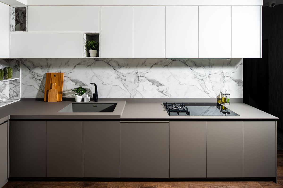 squarerooms formica fenix surfaces kitchen modern minimalist grey beige white cabinets marble backsplash
