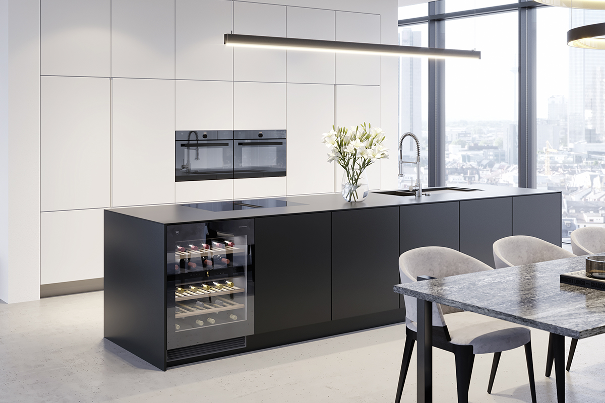 squarerooms vzug kitchen luxury modern interior design black island wine cooler white cabinets window