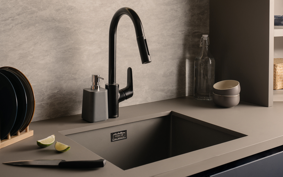 squarerooms formica fenix surfaces kitchen sink grey integrated seamless edges minimalist faucet