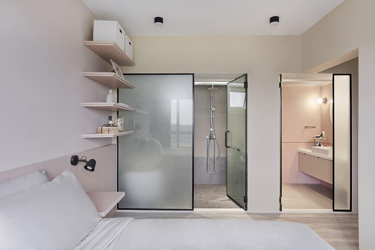 squarerooms happe design atelier contemporary modern home design makeover 3 room hdb flat bachelorette style cosy cute feminine aesthetic en-suite bathroom bedroom wet and dry areas white pink