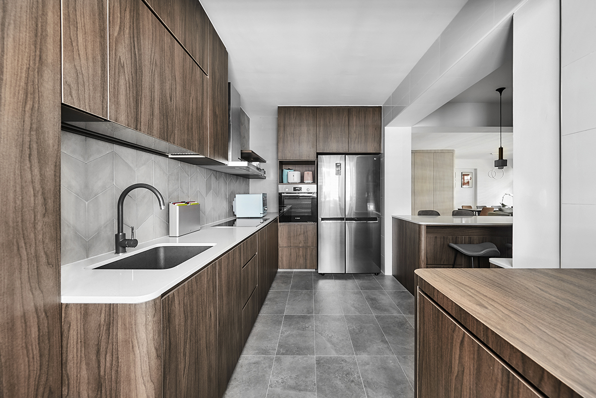 squarerooms blend by imc 5 room hdb bto flat home renovation modern minimalist interior design style singapore tampines greenverge apartment makeover white grey neutral tones monochrome monochromatic look wet kitchen wood look laminate cabinets