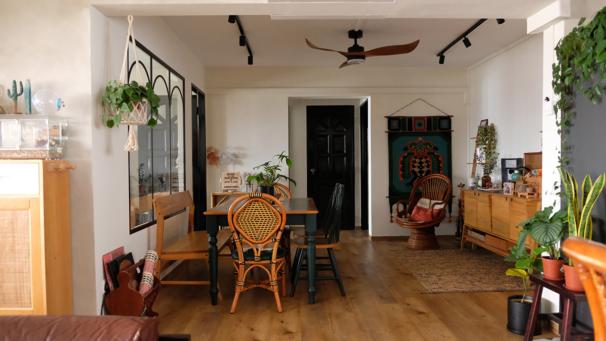 squarerooms ohkur house joy and eddy hdb flat singapore second hand furniture eclectic boho jungalow interiors colourful home interior carousell shopping entrance entryway living dining room rattan chairs