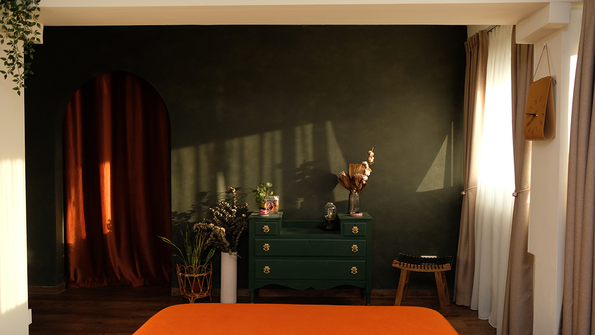squarerooms ohkur house joy and eddy hdb flat singapore second hand furniture eclectic boho jungalow interiors colourful home interior carousell shopping bedroom dark green wall dresser red curtain