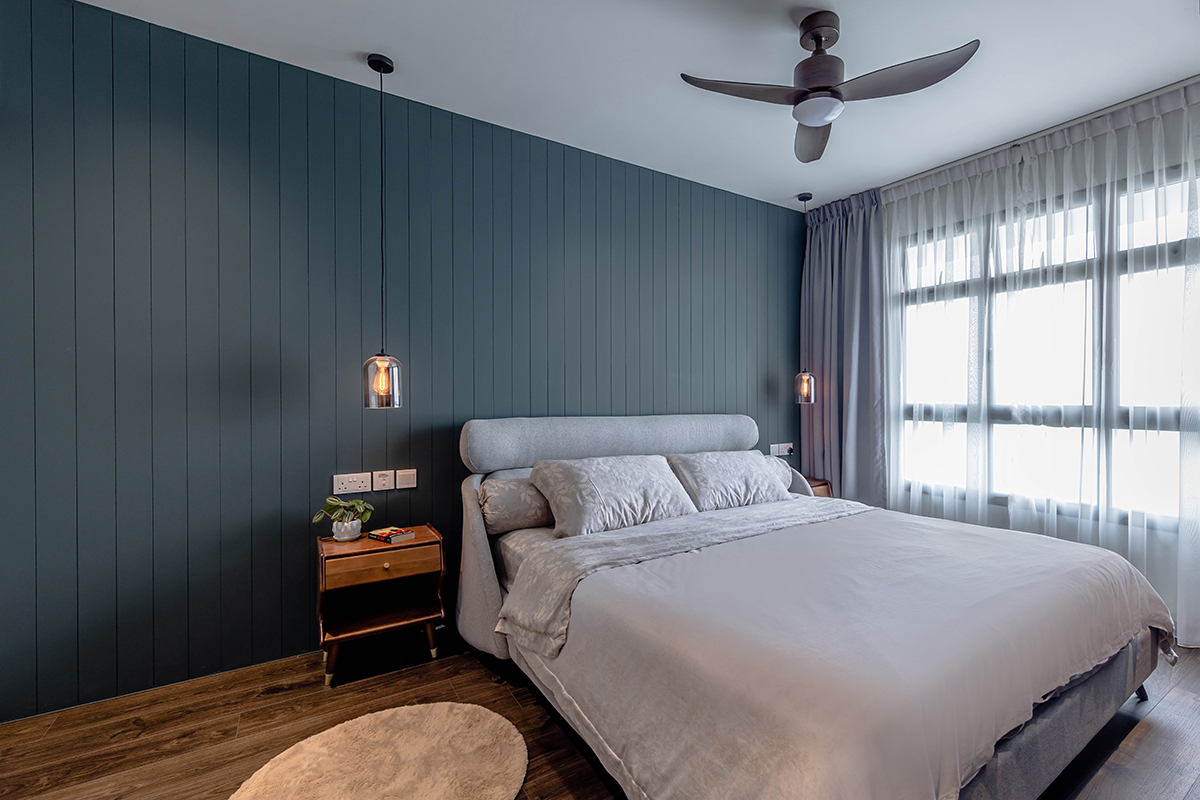 squarerooms noble interior design home makeover renovation punggol northshore 5 room bto hdb flat rustic scandinavian coastal design look bedroom blue wall headboard