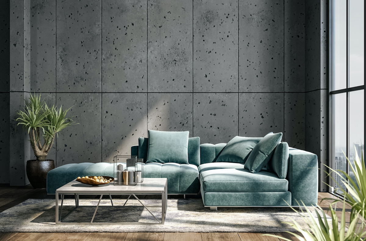 squarerooms find design fair asia living room area modern minimalist couch industrial wall concrete cement slabs metal blue green