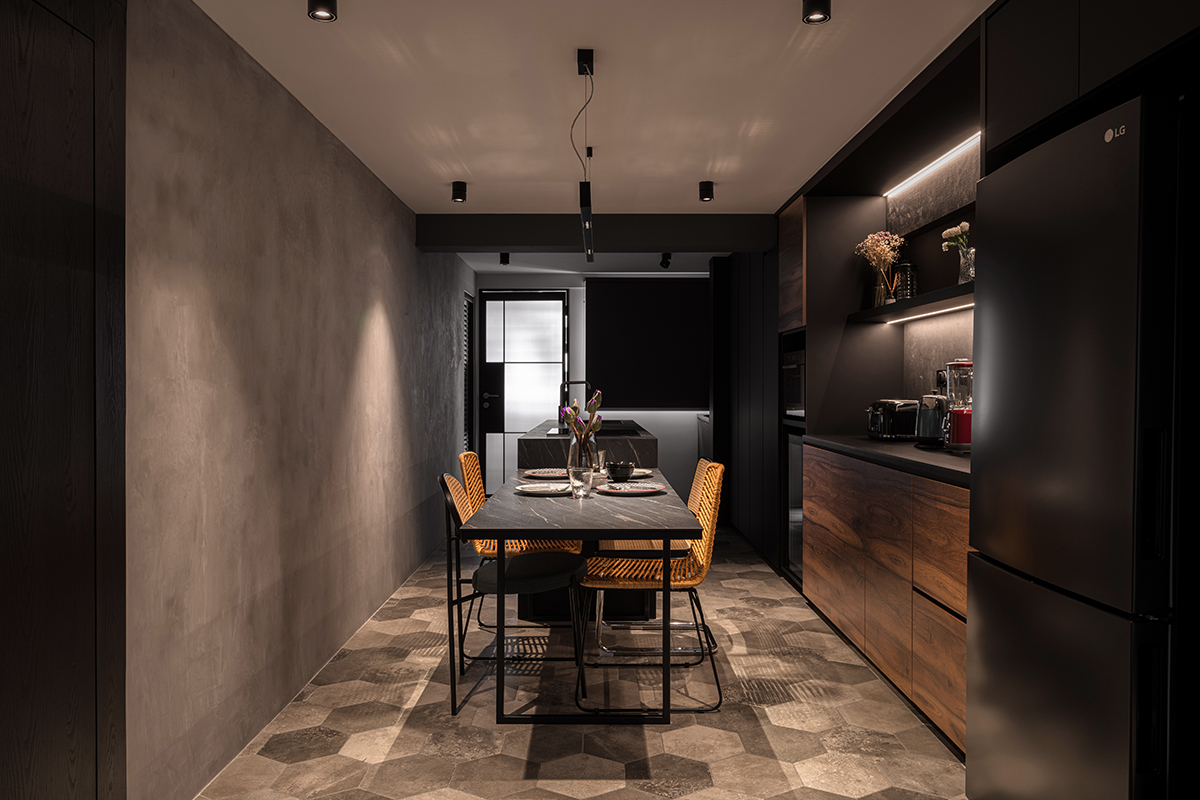 squarerooms ovon design 2 room hdb flat renovation interiors makeover contemporary dark masculine aesthetic look marine crescent kitchen dining table open concept tiles