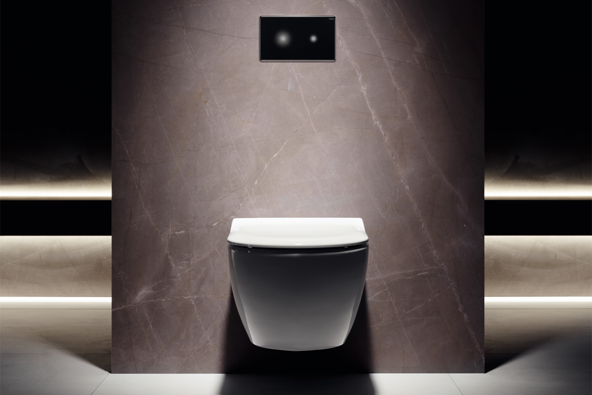 squarerooms viega visign for more flush plate minimalist modern sleek bathroom fittings design wall hung toilet with concealed cistern and sensor flush black dark