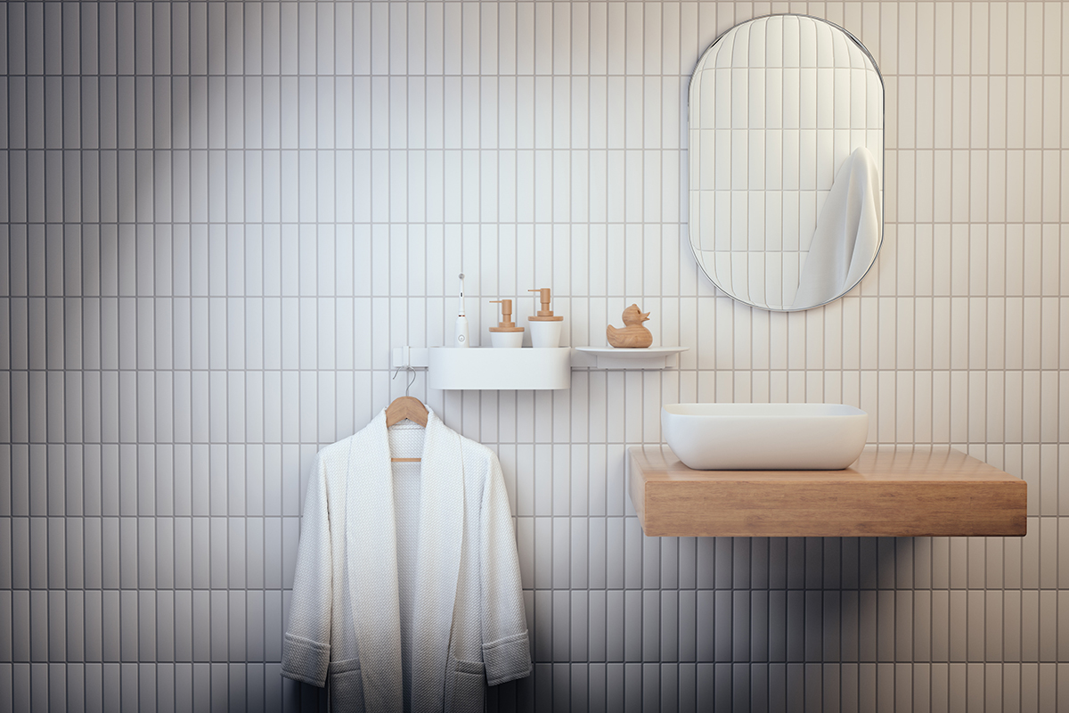 squarerooms hansgrohe wallstoris bathroom accessories white tiles bathrobe mirror vanity wood scandinavian