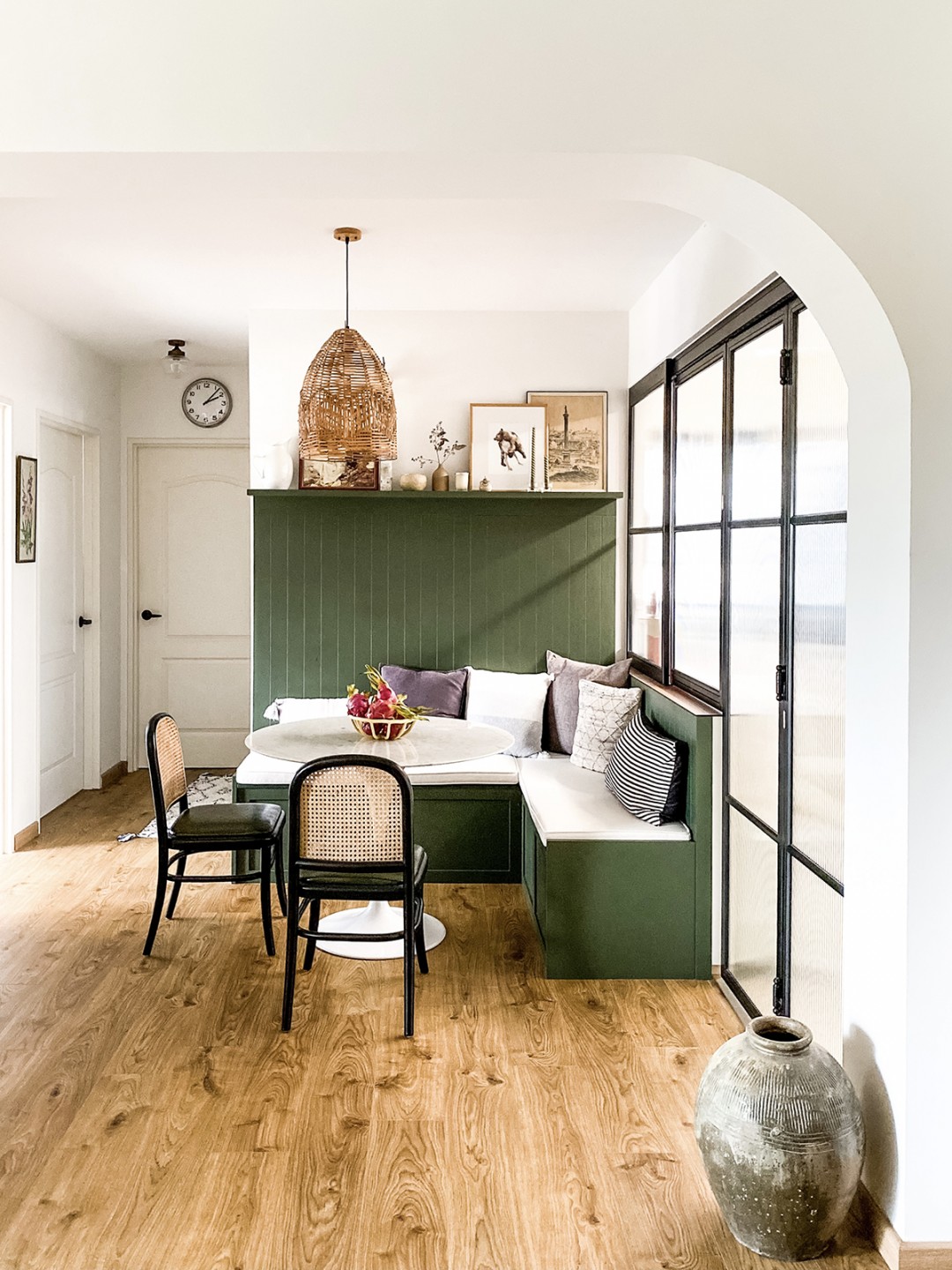 squarerooms cnbrr home fazlie corinne instagram bto flat account hdb homeowners interview singapore canberra mediterranean inspired design apartment style kitchen rustic traditional old retro charm green dinette benches glass door