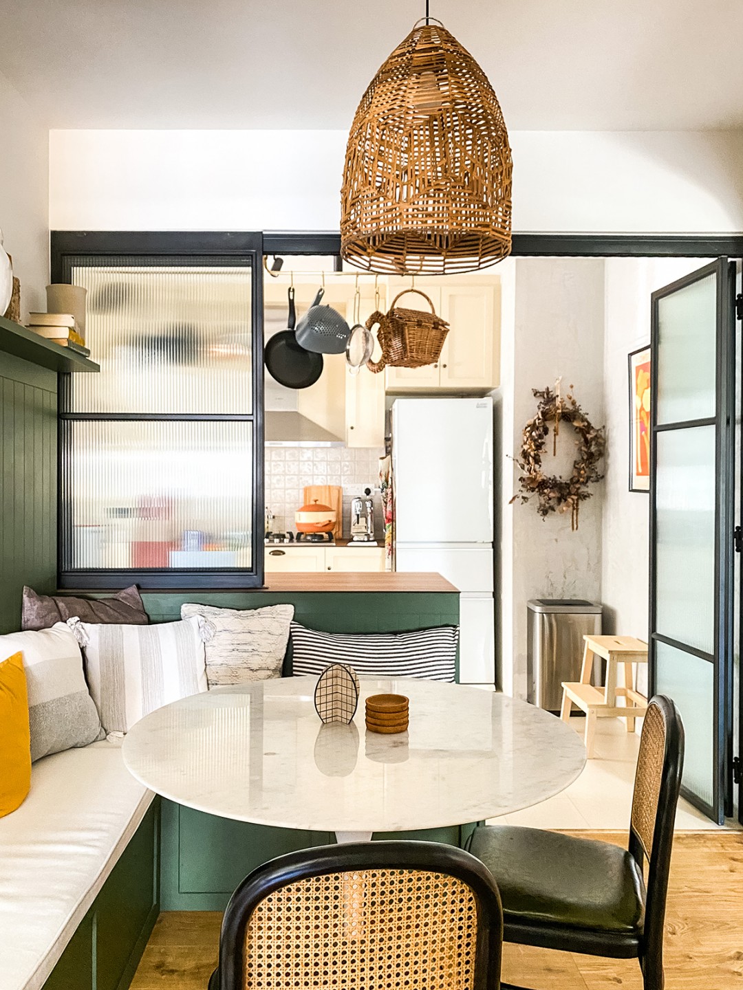 squarerooms cnbrr home fazlie corinne instagram bto flat account hdb homeowners interview singapore canberra mediterranean inspired design apartment style kitchen rustic traditional cream beige cabinets old retro charm green dinette benches glass door