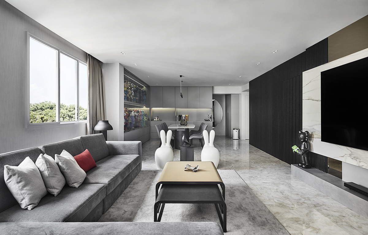 squarerooms style elements home renovation executive hdb flat in tampines modern design luxury apartment design black and white monochrome monochromatic aesthetic singapore living room open concept layout bunny sculptures