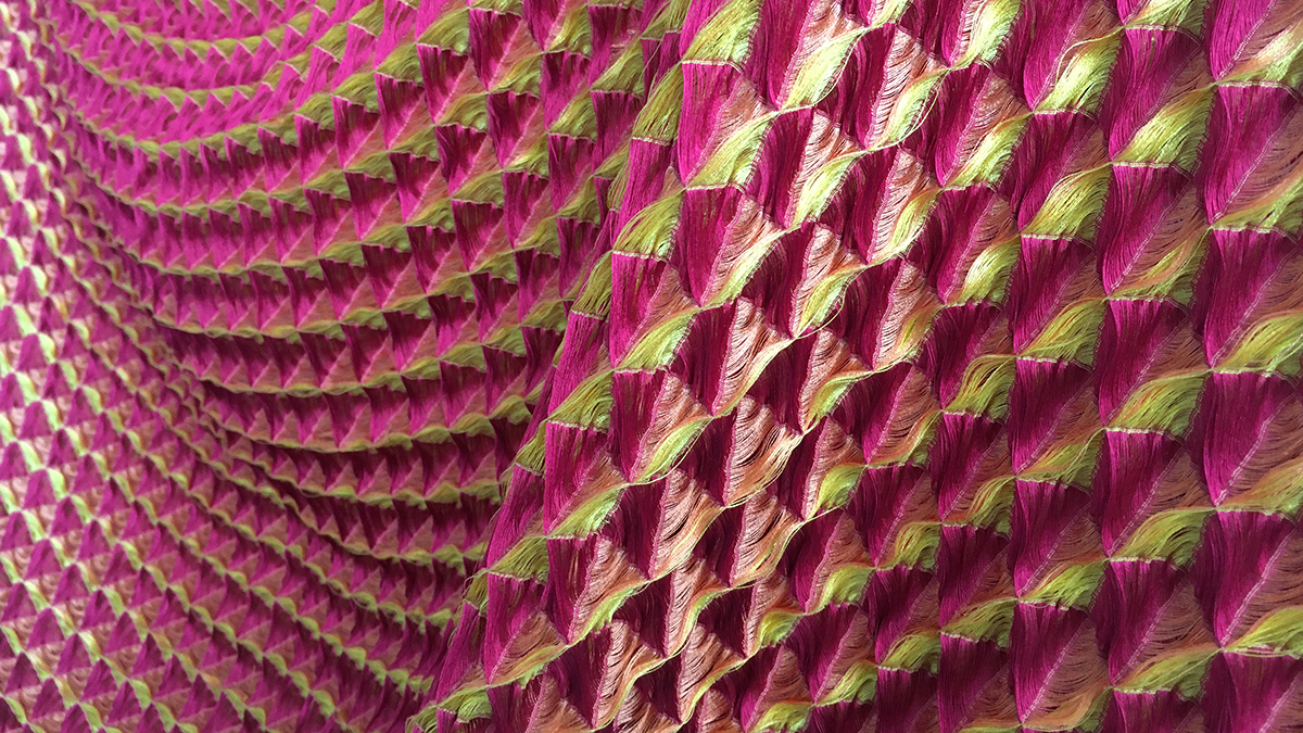 squarerooms find design fair asia tiffany loy fabric material drape closeup pink purple yellow gold textile
