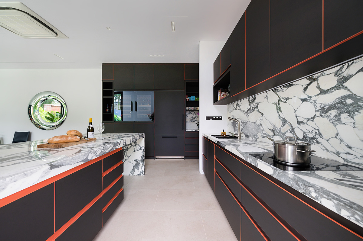 squarerooms v-zug vzug kitchen appliances homeowner dream kitchen design black and white black and orange modern contemporary marble countertop backsplash