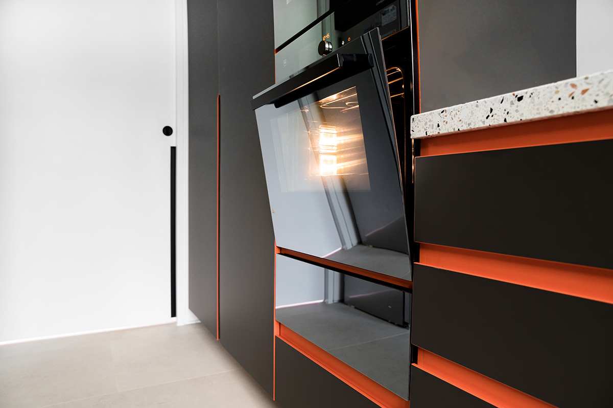 squarerooms v-zug vzug kitchen appliances homeowner dream kitchen design black and white black and orange modern contemporary oven open