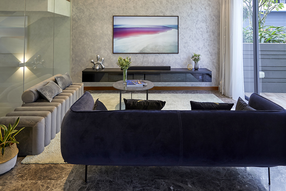 squarerooms i-chapter home design terraced house interior singapore luxury design living room blue sofa tv
