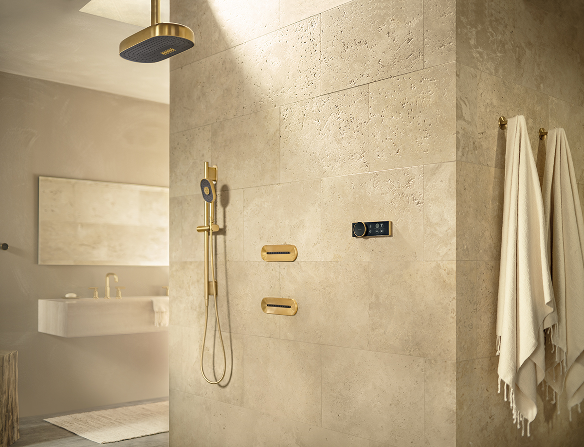 squarerooms kohler anthem statement collections luxury bathroom black gold shower fixtures fittings accessories marble stone cream