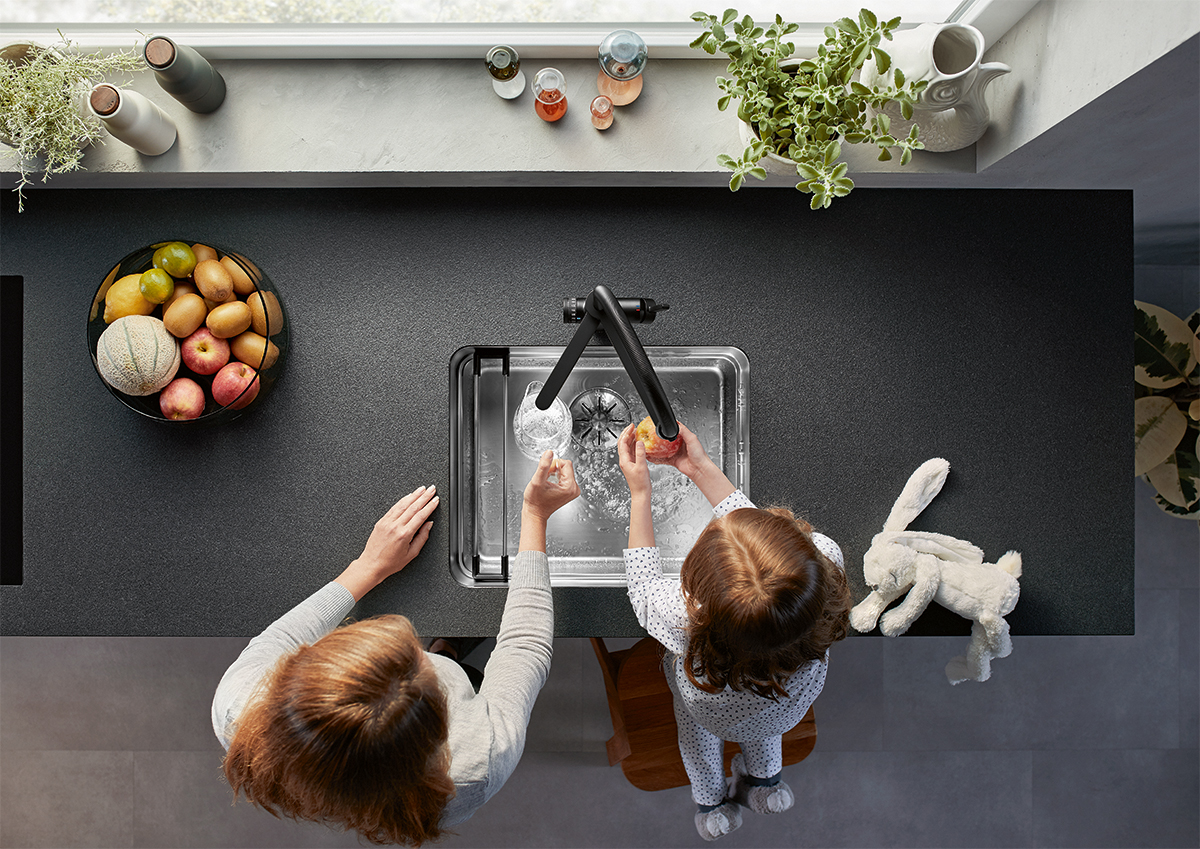 squarerooms blanco kitchen evol s pro filter water filter sink children washing hands black matt grey stone countertop