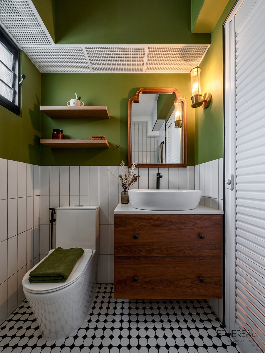 squarerooms thewoodyhome ethereall home renovation interior design eclectic rustic hdb bto flat wood style bathroom green wall white subway tiles grout vanity