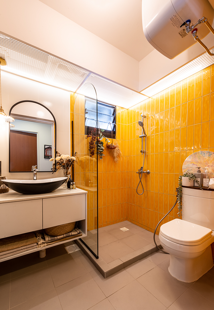 squarerooms habitamp gb interior design hdb flat renovation eclectic style colourful design furniture bathroom yellow orange walls tiles