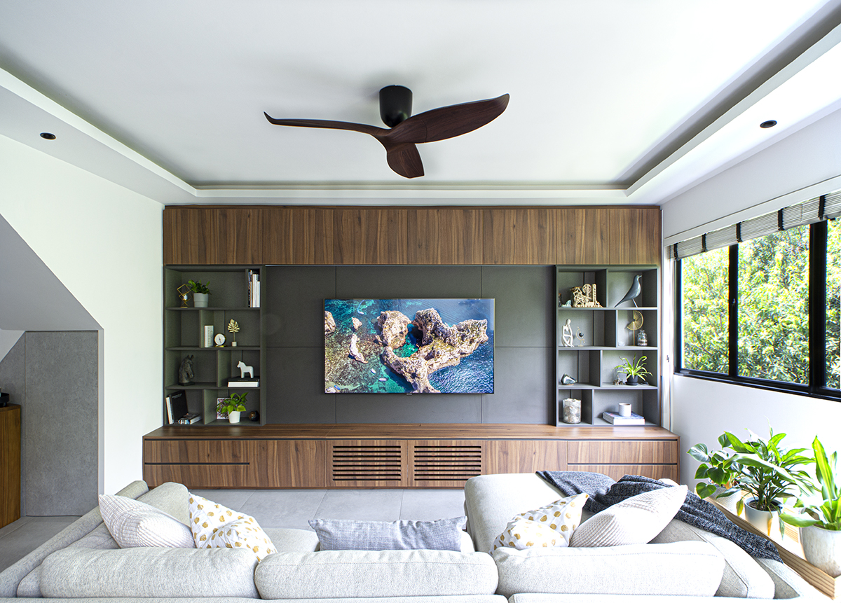 squarerooms distinctidentity hdb maisonette interior design home renovation makeover modern minimalist contemporary style living room area tv feature wall wood laminate