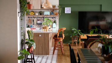squarerooms ohkur house tour interior design 5 room hdb flat renovation eclectic vintage style loose furniture from carousell second hand mix funky style colourful unique creative the 80s studio kitchen urban jungle jungalow boho green wall tiled floor tiles kitchen island counter stools