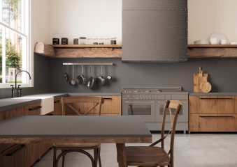 squarerooms caesarstone new surfaces pebbles collection natural engineered quartz sustainable nature inspired countertops kitchen design materials 1003 raindream grey wood rustic industrial kitchen style