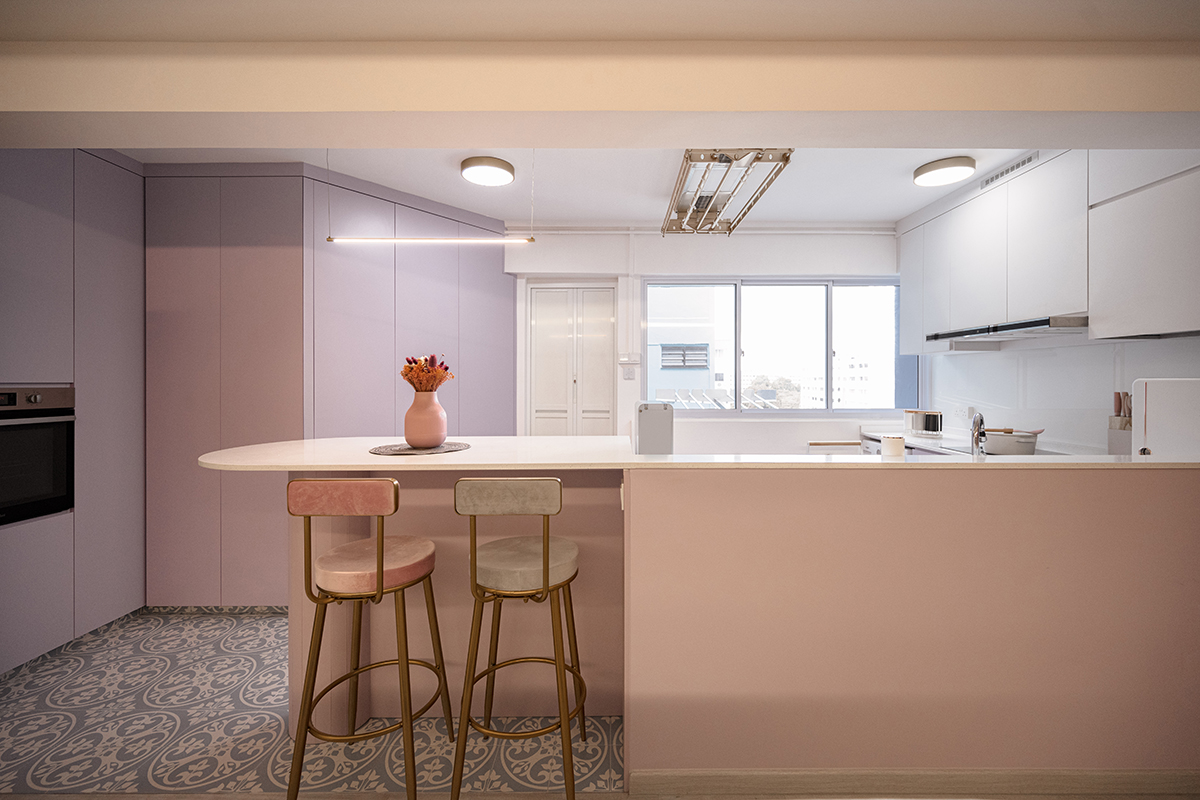squarerooms ovon design tampines 4 room hdb flat renovation interior design eclectic contemporary style open concept kitchen rounded curved island pink
