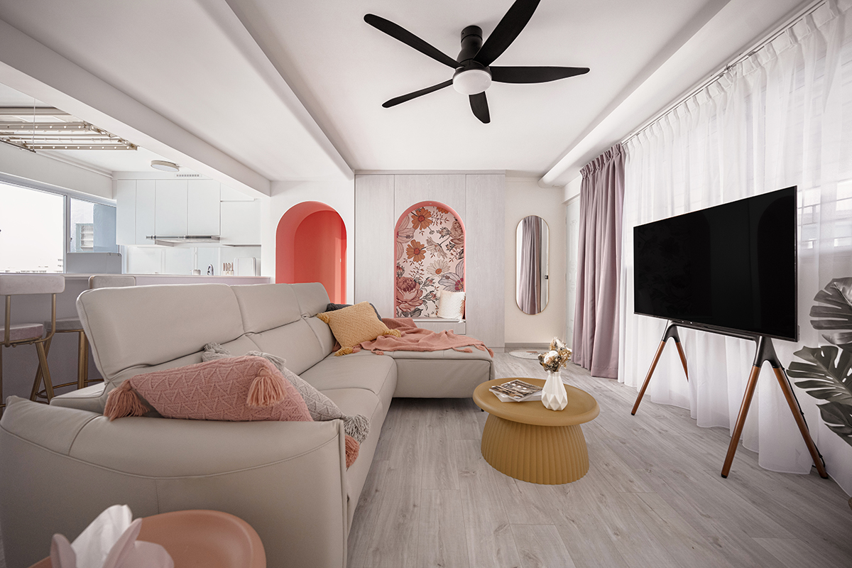 squarerooms ovon design tampines 4 room hdb flat renovation interior design eclectic contemporary style living room pink red colourful arched niches