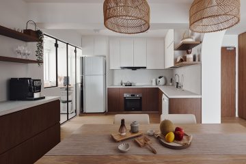 squarerooms ascend design 4 room bto flat hdb design layout home renovation minimalist warm modern muji style japanese inspired kitchen open concept dining area service yard glass doors