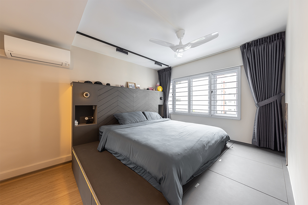 squarerooms renozone interior design home renovation jumbo hdb flat makeover modern style bedroom platform bed