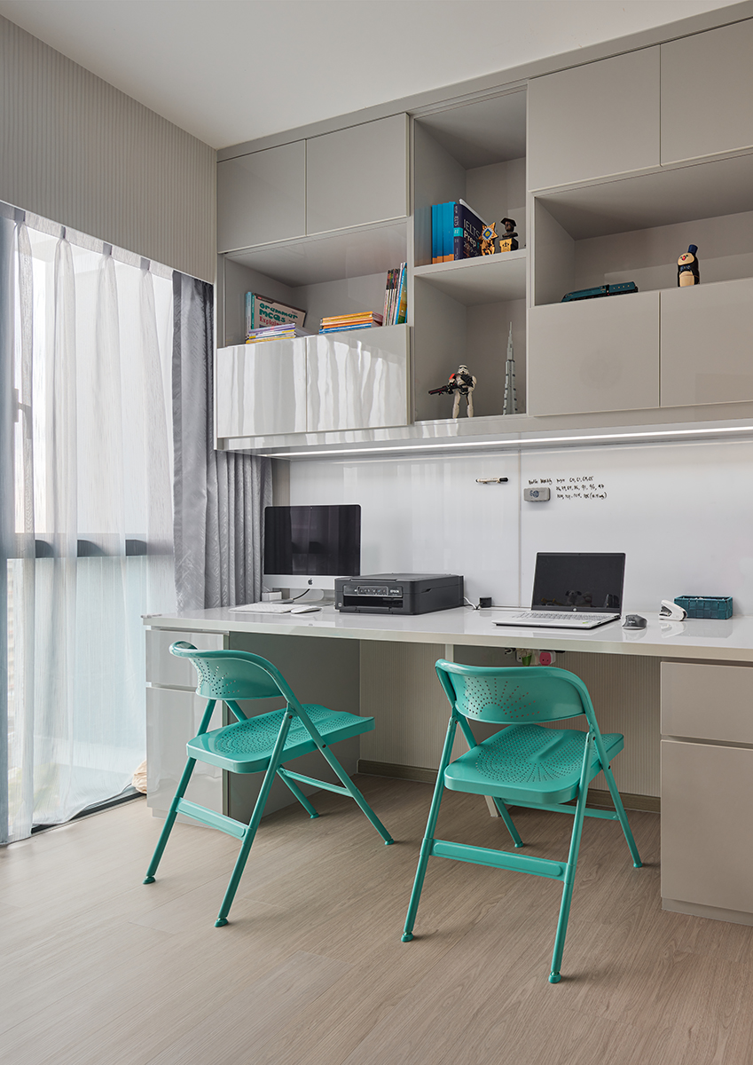 squarerooms renozone condo serangoon view renovation house tour interior design makeover modern luxe contemporary style study room home office space blue turquoise chairs