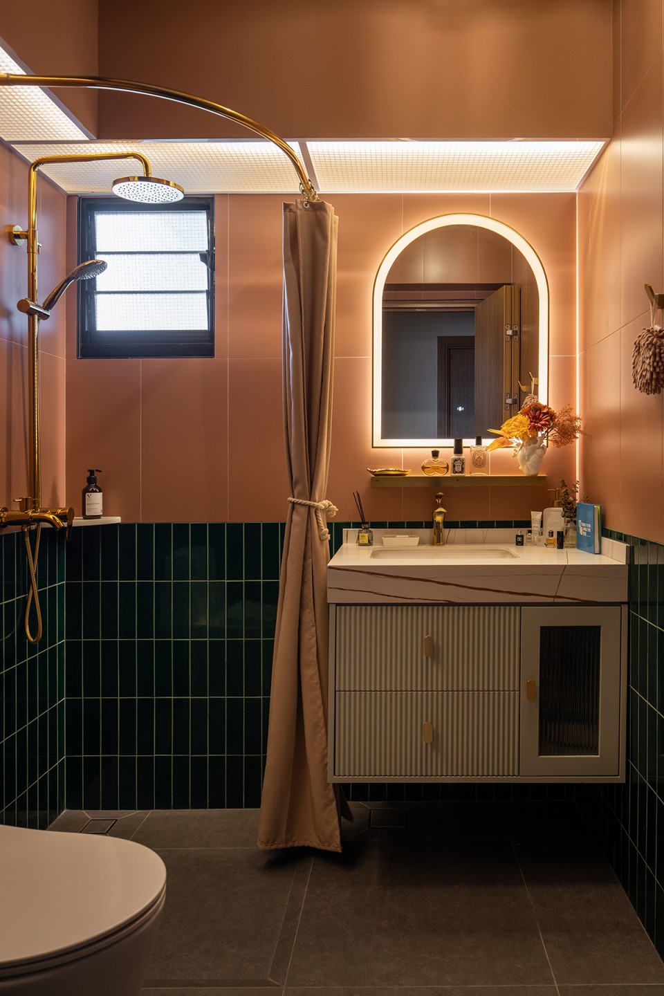 squarerooms authors interior & styling interior design home hdb 4 room bto renovation project bidadari wes anderson retro inspired style mid century modern look bathroom pink green curved shower curtain