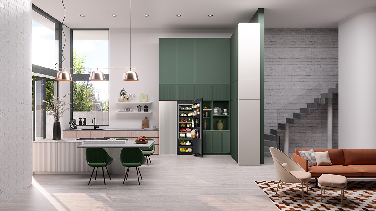 squarerooms samsung bespoke infinite refrigerator fridge kitchen green cabinets