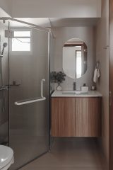 squarerooms ascend design interior renovation 4 room hdb bto flat makeover japanese japandi style teahouse inspired minimalist style wood finishes grey bathroom