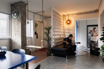 squarerooms knock knock studio interior design home renovation industrial eclctic style 4 room resale hdb flat makeover look entryway common areas homeowners sitting playing guitar music swing