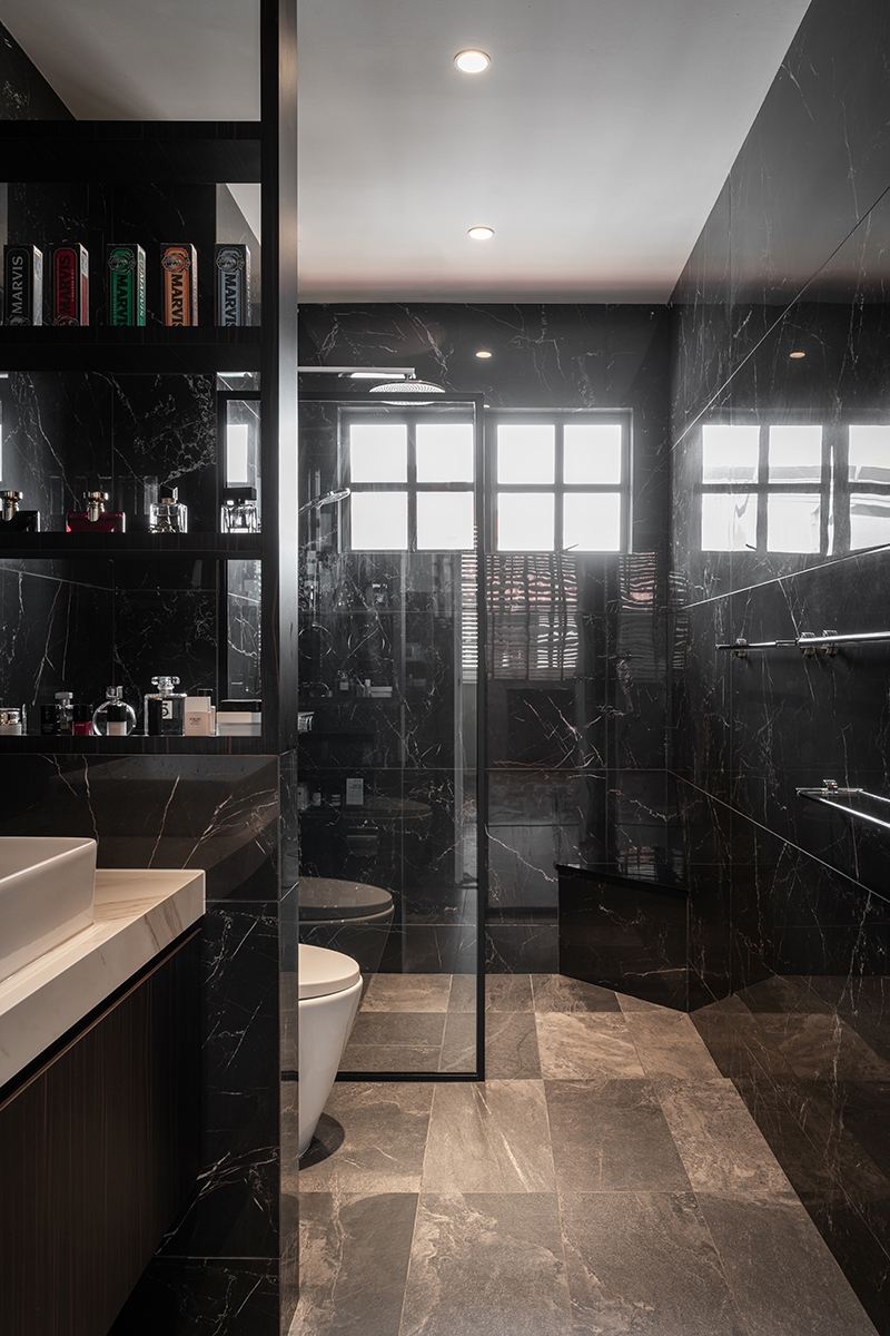 squarerooms rubiks studio home renovation interior design historical house joo chiat bathroom luxury black marble stone tiles monochromatic modern style