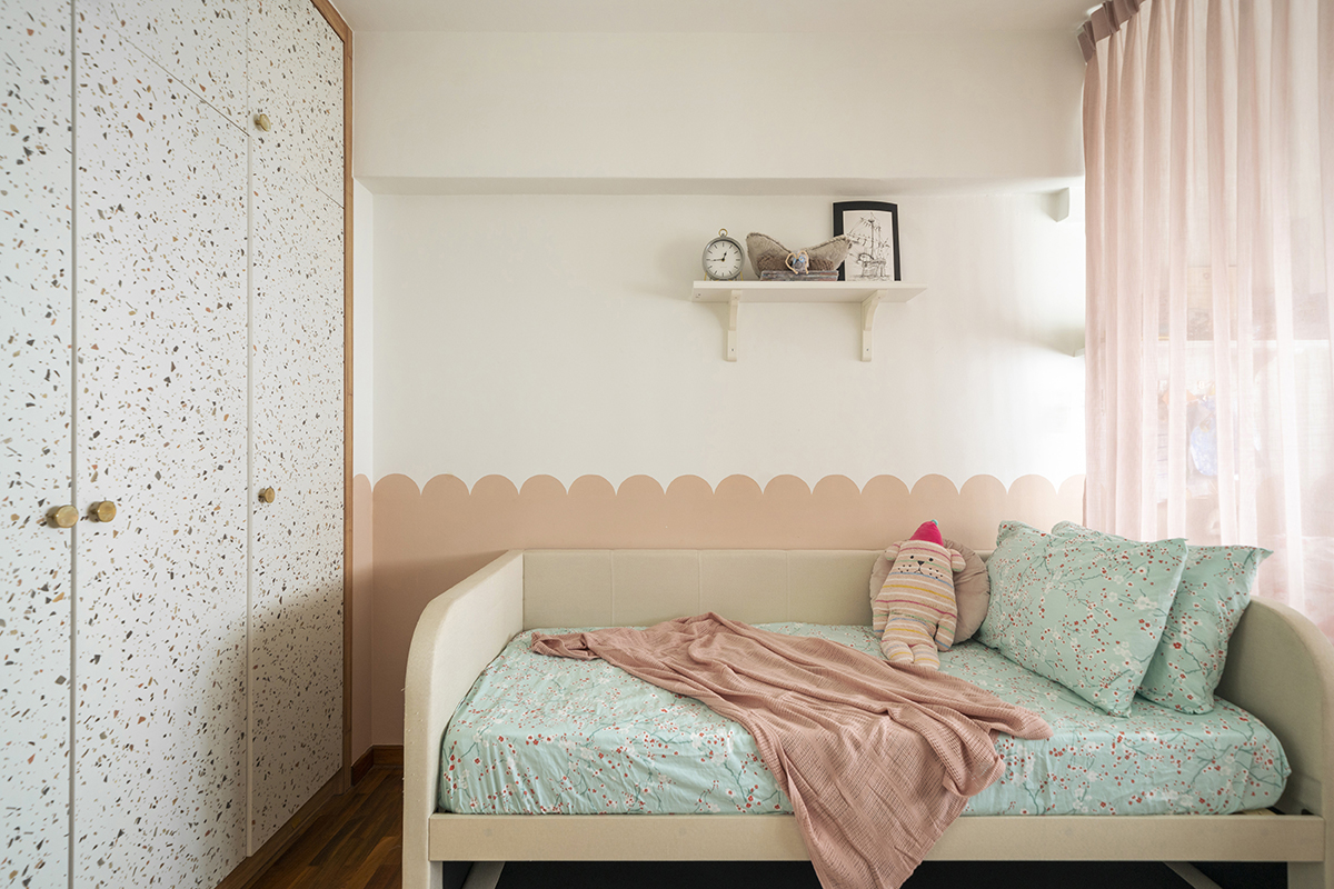 squarerooms underrated studio home interior design renovation executive hdb flat simei modern victorian style aesthetic kids room bedroom pink mural painted wall wardrobe closet cute pale green
