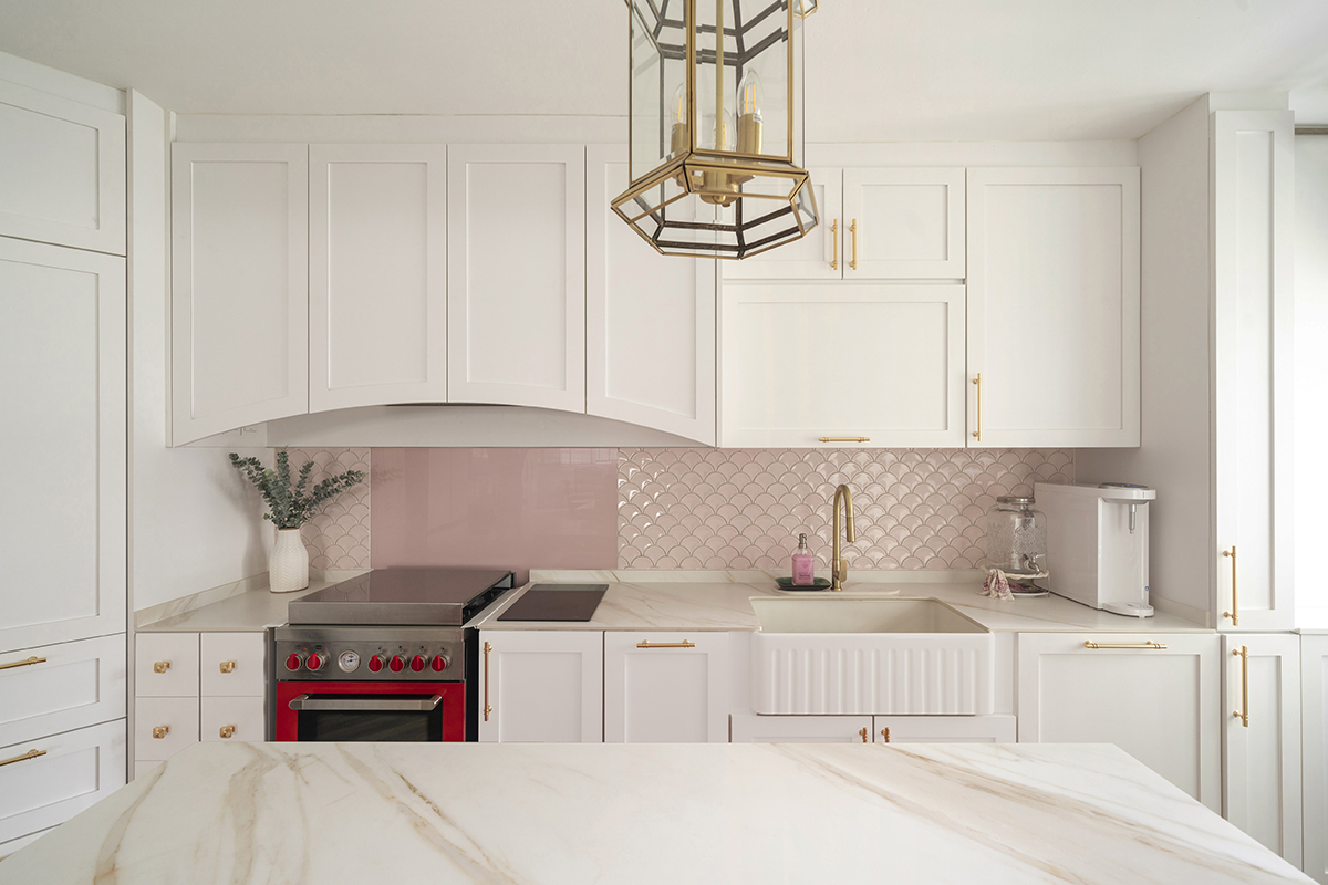 squarerooms underrated studio home interior design renovation executive hdb flat simei modern victorian style aesthetic kitchen pink backsplash tiles red retro oven arched cabinets hood