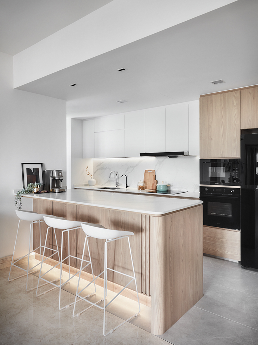 squarerooms richfield integrated home renovation interior design condominium condo unit luxury modern brutalist style monochromatic aesthetic colour palette white grey farmhouse style kitchen wood island bar stools